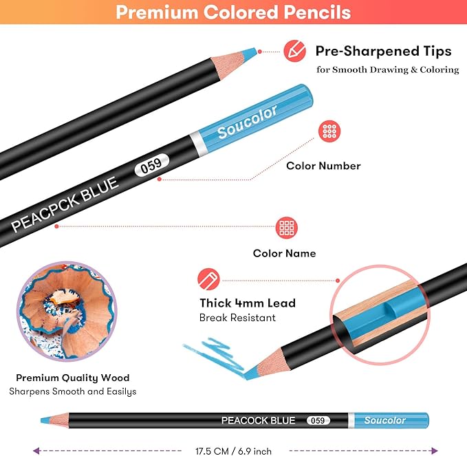 Soucolor 180-Color Artist Colored Pencils Set for Adult Coloring Books, Soft Core, Professional Numbered Art Drawing Pencils with Gift Tin Box for Sketching Shading Blending Crafting