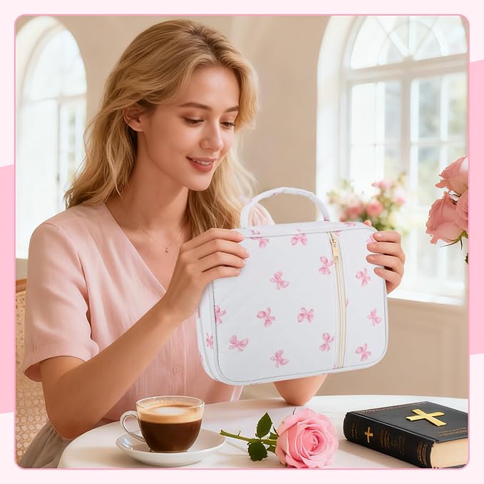 BESARME Pink Bow Bible Cover Case for Women, Large Bible Case Bibles Bag Bibles Study Supplies Christian Gifts Religious Bridal Shower Gifts for Girls