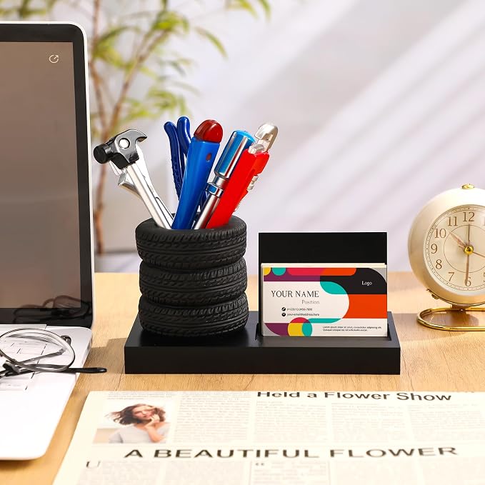 Feifeiya 7 Pcs Tire Pen Holder Tire Shape Funny Desk Accessories Include 6 Pcs Novelty Tool Car Business Card Holder Gift for Men Father's Day Mechanic Car Lover Salesman(Black,Wood)