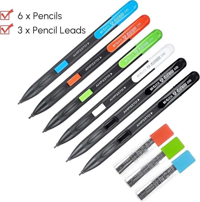 M&G 6 Pack Mechanical Pencils with Erasers 1.8mm, 3 Tubes of Lead Refills, Bulk Mechanical Pencils for School Supplies, Teacher Supplies, Drawing Pencils, Sketching Pencils
