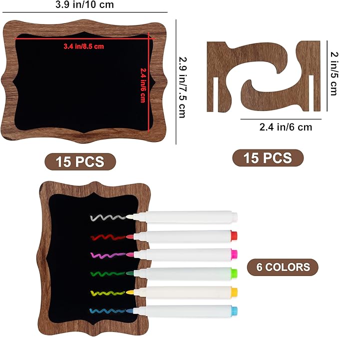 Temlum 15 Pcs Mini Chalkboard Sign with 6 Color Chalk Markers, 2.9″ x 3.9″ Wooden Blackboard Reusable Small Chalkboards for Food, Buffet, Parties, Message Boards, Table Numbers (Wavy Shaped)