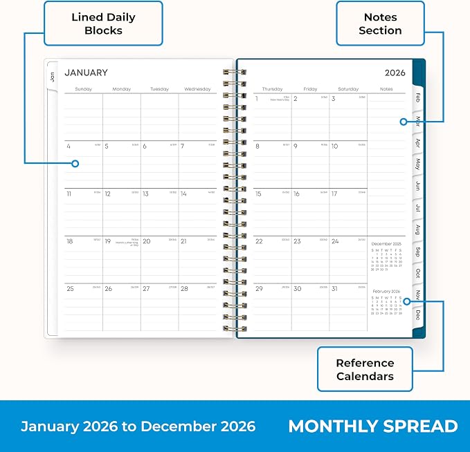 Blue Sky 2026 Weekly and Monthly Planner Calendar, January 2026 - December 2026, 5" x 8", Flexible Frosted Cover, Laminated Tabs, Durable Twin Wire Binding, Bakah Blue