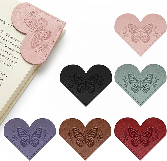 Leather Heart Bookmarks for Women - 6 Pcs Butterfly Embossed Corner Page Bookmarks, Cute Book Marks Gift for Book Lovers Teachers Students, Butterfly Gifts for Women Reading Accessories