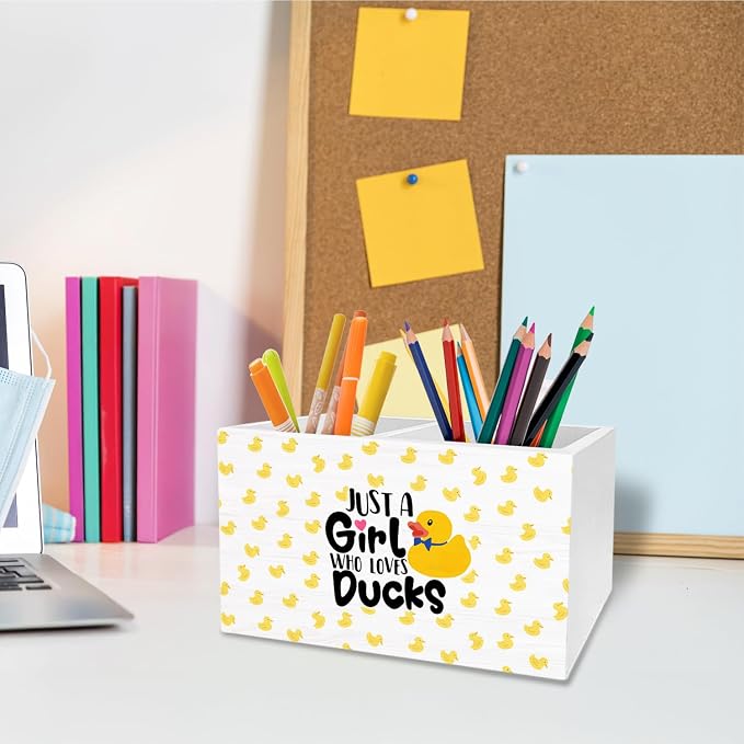 Yellow Duck Pen Holder for Desk, Gifts for Duck Lovers Pencil Organizer, Just a Girl Who Loves Ducks Wooden Box Sign Desk Decor for Home Office Decoration