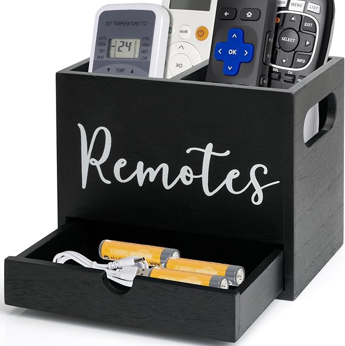 Remote Control Holder, Wooden TV Controller Holder, Desk Organizer with 2 Compartment and Drawers for TV & Office Supplies, Ideal for Tabletop (Black)