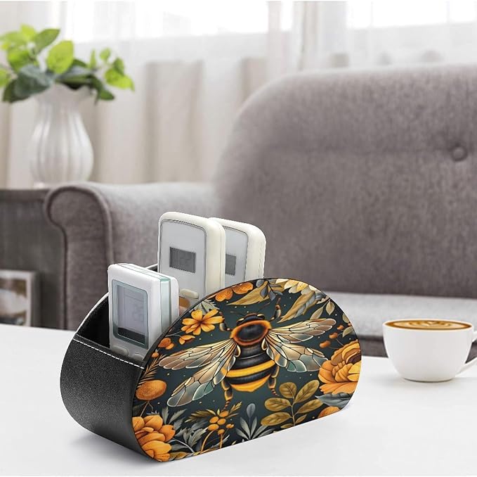 Bee Floral Remote Control Holder with 5 Compartment PU Leather Multi Functional Desk Storage for TV Remotes Office Supplies