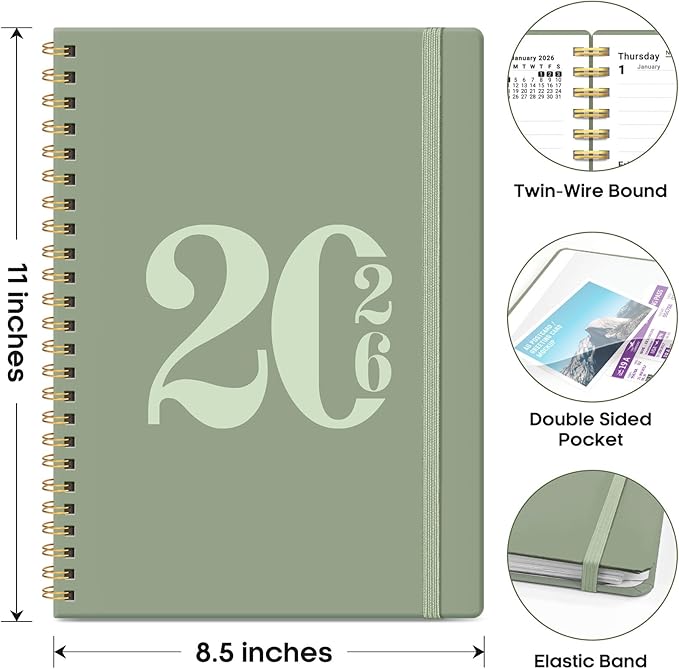 2026 Planner, Weekly and Monthly Calender Planner, Jan 2026 to Dec 2026, Hardcover 2026 Calendar Book with Tabs & Inner Pocket, Office Home School Supplies for Women & Men - A4 (8.5" x 11"), Green