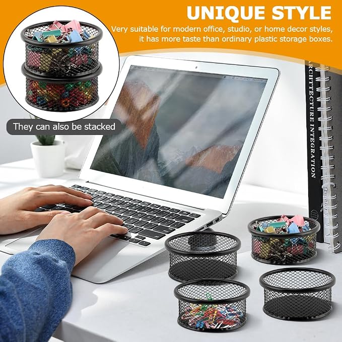 Paper Clip Holder, Stackable Mesh Desk Organizer, 4 Pack Black Metal Dispenser Organizer Box for Desk Office Binder Supplies & Small Accessories(SIZE:Round)