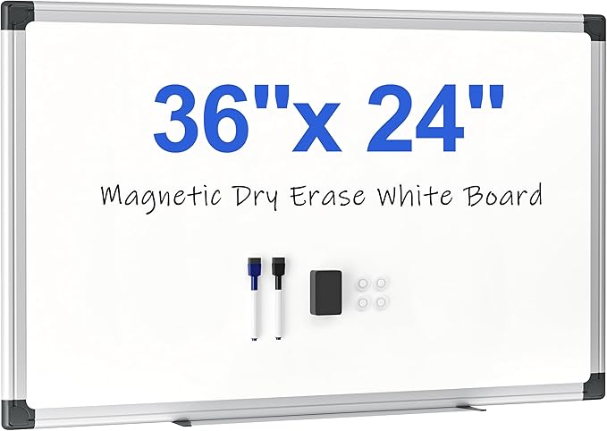 Magnetic White Board 36" x 24" for Wall, Dry Erase Board for Home Office, School, Study Room – Silver Aluminum Frame, 2 Markers, 4 Magnets, Eraser Included