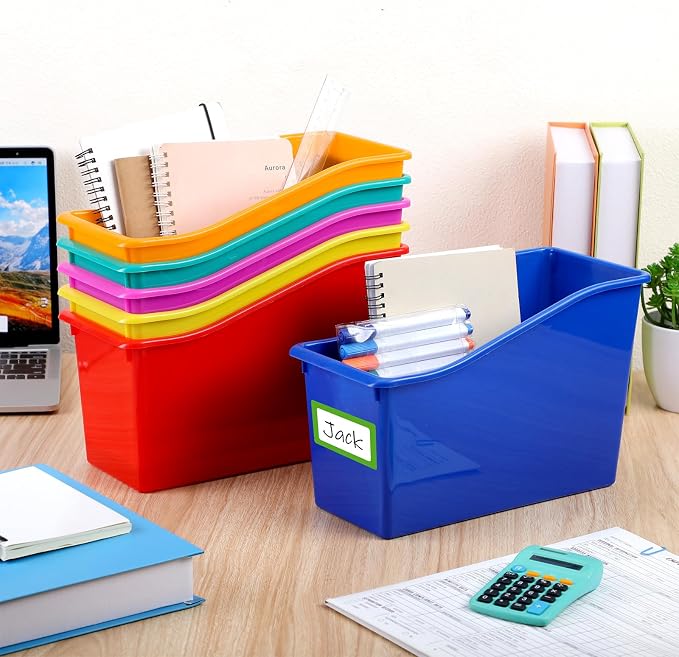 Jinei 24 Pack Multi Bright Color Book Bins for Classroom Bulk Binder Holders with Name Labels Plastic Organization Book Baskets Teacher Storage Boxes for Classroom Home Office