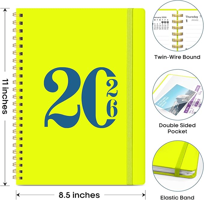 2026 Planner, Weekly and Monthly Calender Planner, Jan 2026 to Dec 2026, Hardcover 2026 Calendar Book with Tabs & Inner Pocket, Office Home School Supplies for Women & Men - A4 (8.5" x 11"), Lemon Yellow
