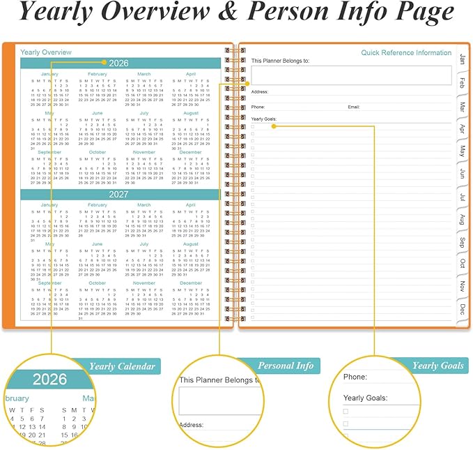 2026-2027 Monthly Planner - 18 Monthly Calendar, January 2026 - June 2027, Two Pages Per Month, 9" x11" Planner with Tabs, Strong Twin-Wire Binding, Inner Pocket, Orange