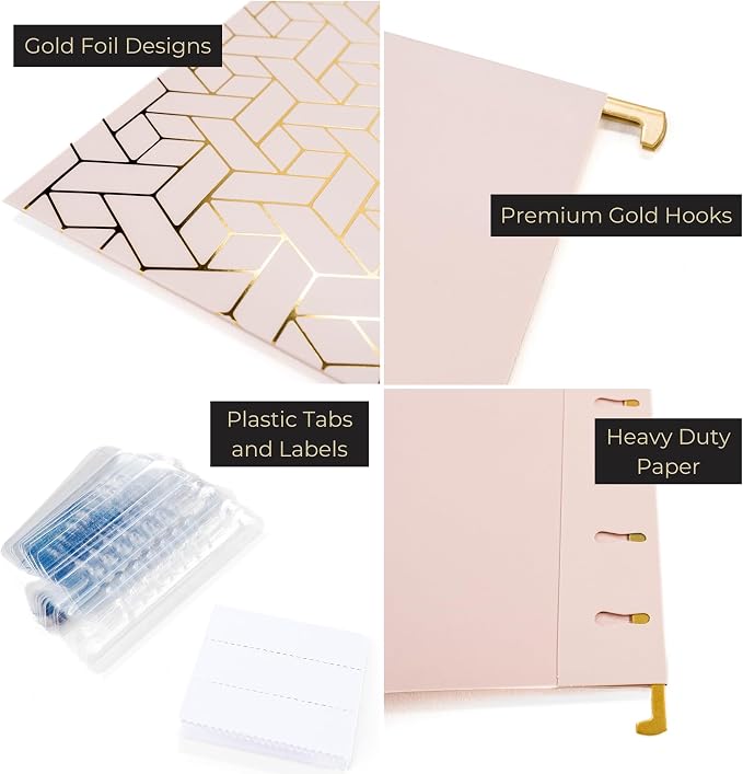 BLU MONACO 12 Pack Decorative Hanging File Folders | Letter Size with Adjustable Tabs | Pink Filing Folders with Gold Foil Design | Cute Hanging Folder Set for Office or Filing Cabinet