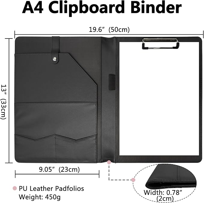 Portfolio Folder Padfolio with A4 Clipboard, PU Leather Portfolio Clipboard Business Binder Writing Clip Board Organizer for Legal Documents Business Card Men Women Black
