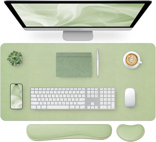 Bloss Leather Desk Mat and Keyboard Wrist Rest, Large Mouse Pad + Keyboard Pad+Mouse Wrist Support, Non-Slip Desk Mat Protector for St Patricks Day(31.5×15.7 Inches, Green)