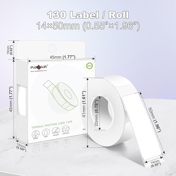 PARLAIM Label Maker Tape,14X50MM(1/2" X1 7/8") Thermal Label Stickers,Thermal self-Adhesive Label Compatible with D30 Label Maker,Thermal Label Paper for Home/Office/130pcs/Roll White