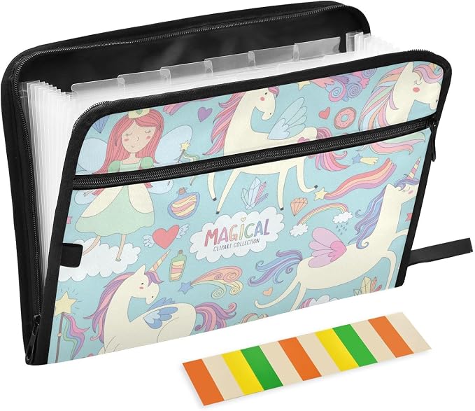 13 Pockets Expanding File Folder Unicorns and Fairy Princess with Sticky Labels Accordion File Folder Document Organizer Letter Size A4 Papers Expandable File Keeper