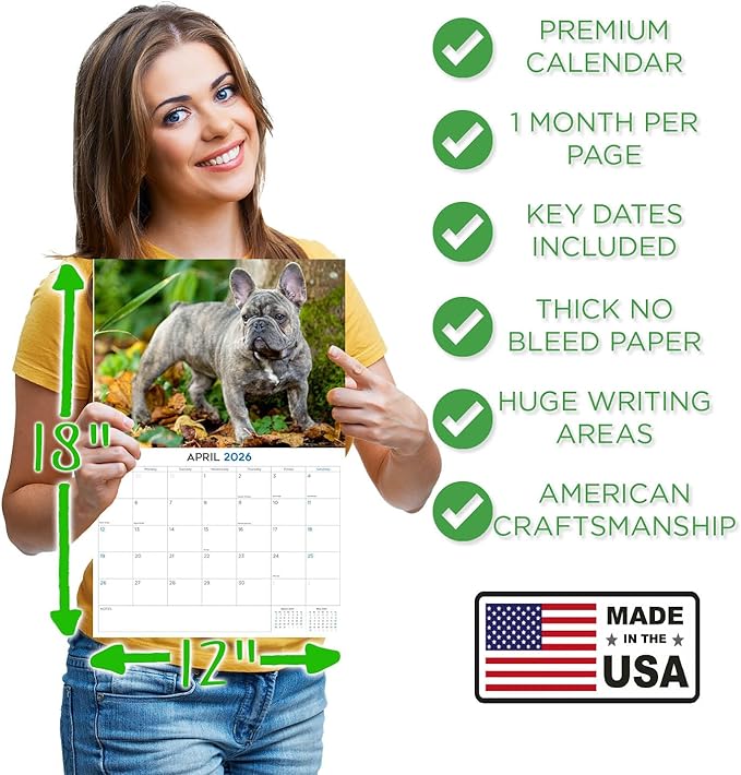 2025 2026 French Bulldog Calendar - Dog Breed Monthly Wall Calendar - 12" x 18" Open - Thick No-Bleed Paper - Giftable - Academic Teacher's Planner Calendar Organizing & Planning - Made in USA