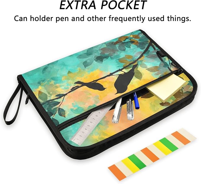 Black Bird Orange Green Accordion File Organizer Expanding Document Folder with 13 Pockets Portable File Folder for A4 Letter Size