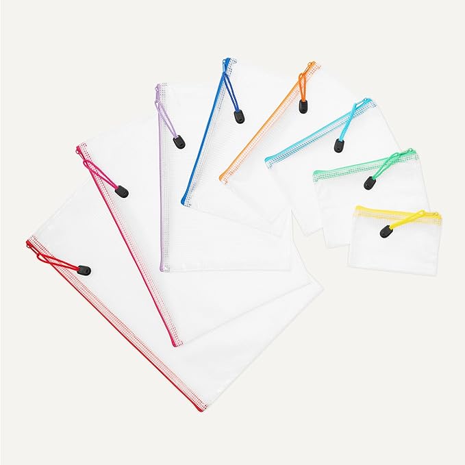 Amazon Basics 30-Pack Mesh Zipper Pouch Bags, 8 Sizes Assorted Colors Storage Organizers, Multipurpose Clear Travel Document Bags for Office Home School Organization