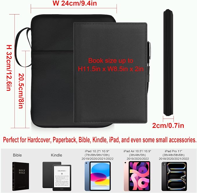 Black Book Sleeve Kindle Pouch, Book Protector Case with Zipper, PU Leather Waterproof Book Cover Bag, Portable Book Pouch for Book Lovers Gifts Paperbacks Bibles Hardcover