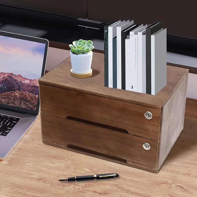 Wooden Desktop Storage Box with Lockable Drawers, Flat File Cabinet Drawer Desktop Storage Box, Countertop Storage Cabinet for Office Home Toiletries Supplies Vanity (Walnut, 2 Drawer)