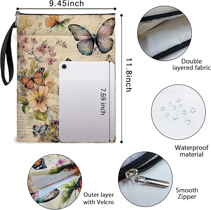 Vintage Floral Butterfly Book Cover, Waterproof Book Sleeve with Zippered Front Pocket Retro Flowers Book Pouch for Book Lovers, Christmas, Birthday, Graduation Gifts (Beige-Butterfly, Large)