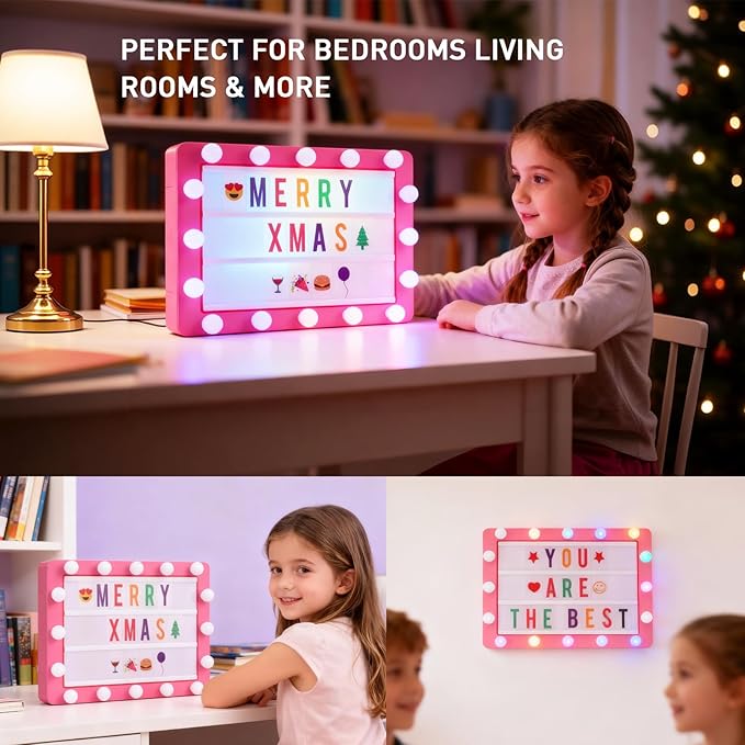 Cinema Light Box with 290 Letters,Icons, Stocking Stuffers Christmas Birthday Gifts Ideas for Teen Girls Women, DIY LED Sign Light Up Marquee Message Board for Home Office Cute Room Desk Decor(Pink)
