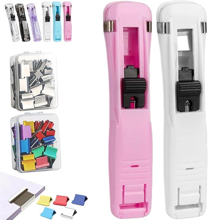 Portable Binder Clip Stapler - Includes 100 Reusable Clips, No Staples, No Holes,Push Clip Paper Clam Dispenser, Reusable Desktop Stapler for Document Home School (2-B)