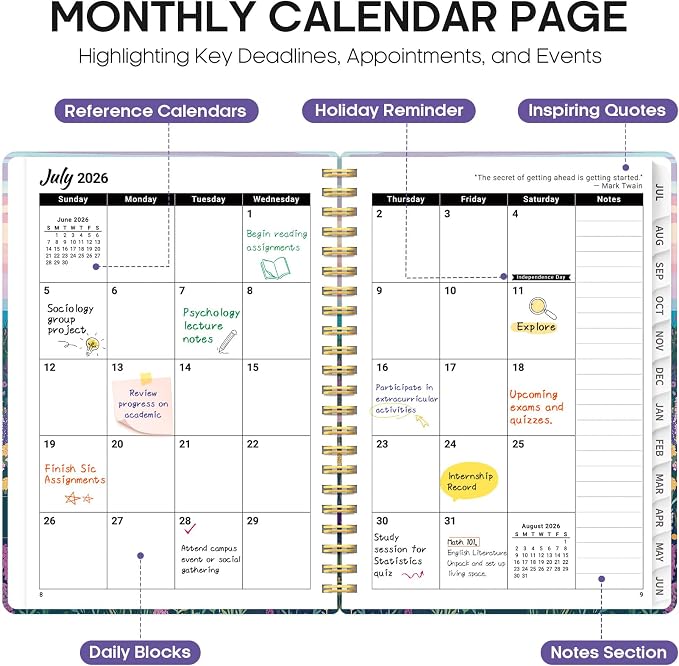 Planner 2026–2027, Academic Year Monthly & Weekly Calendar Book, Jul 2026–Jun 2027, Hardcover Organizer with Tabs, Student & Teacher Planner, 6.3" x 8.5", Lavender Whiskers