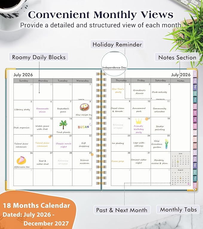 Academic Planner 2026-2027, 18 Months Weekly and Monthly Hardcover Planner, July 2026 - December 2027, 8.5" x 11" A4 Large Daily Calendar Planner Book with Tabs, Spiral College School Agenda Organizer for Student Teacher, Dusty Blue