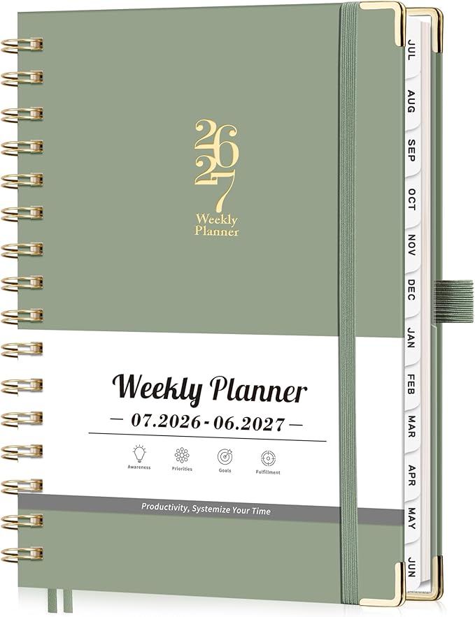 Academic Planner 2026-2027, Weekly and Monthly, A5 Size (5.7" x 8.3"), July 2026 - June 2027, To-do List for Tracking, for School, Home, Office, Hardcover, 12-Month Tabs (Light Green)