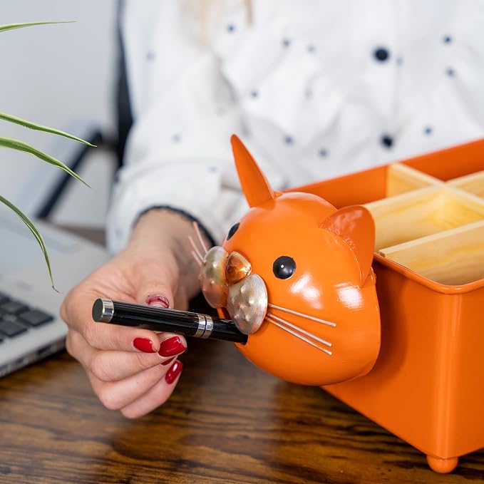 Made Easy Kit Desk Organizer, 1-5 Module Compartments - Storage for Stationery Supplies, Accessories, brushes - Home, Office, School, Dorm, Studio - Build in Pen & Pencil Holder (Orange Cat)
