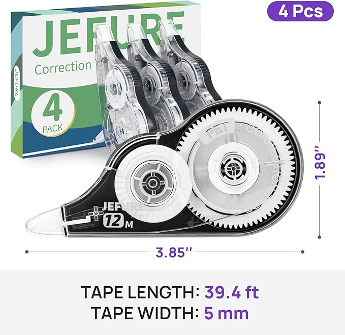 4 Pcs Correction Tape, 39.37 Ft White Wrong Out Tear-Resistant Bulk, Instant Corrections Easy to Use Applicator for School, Office, Note Taking, Journal (Tape Width 0.2 in，Clear)