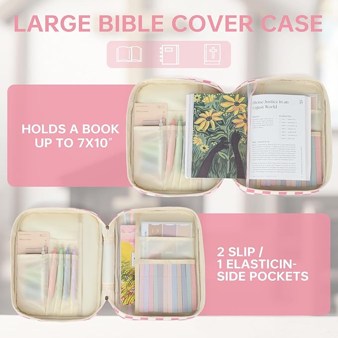 Bible Cover Case for Women Corduroy Bible Case for Girls Checkered Large Bible Cover with Handle Bible Study Supplies Accessories Christian Gifts for Women (Pink, Medium)