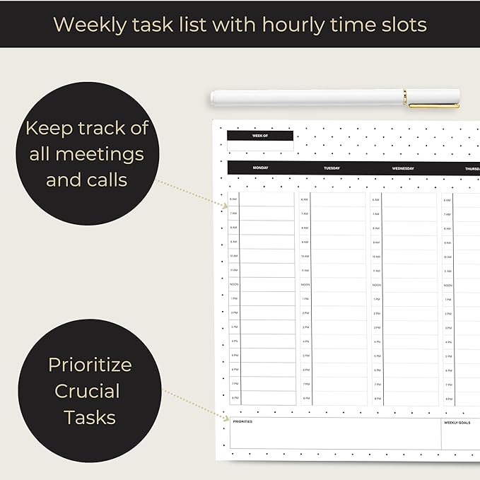 BLU MONACO | Dots Weekly Notepad with Hourly Time Blocking | 52-Page Tear-Off Weekly Planner Pad with Priorities, Goals & Water Tracker | Beautiful Desk Organizer for Productivity