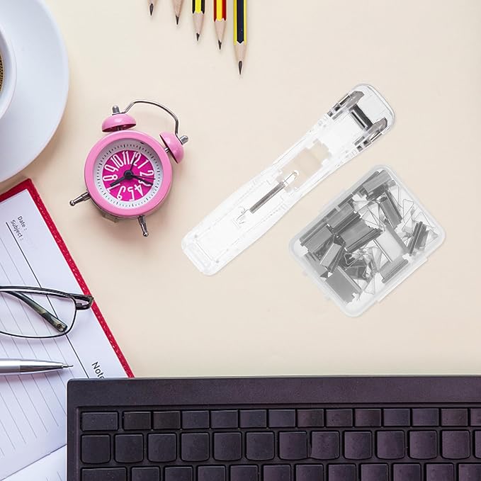 Refillable Clip Stapler Desktop Stapler Push Binder Clips Set with Dispenser for Office Document Organization and Home Use