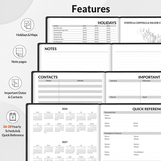 SUNEE 2026-2027 Weekly & Monthly Hardcover Planner 5.5" x 8.3" - 12 Month (July 2026 - June 2027), Small Academic Year Calendar Planner, Pocket, Notes, 100 GSM Paper, Black