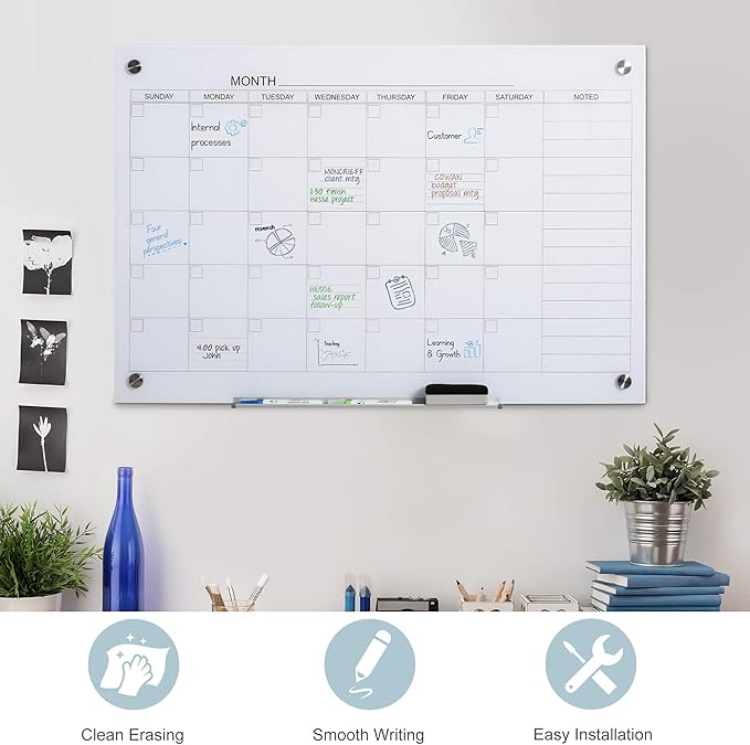 Vinsetto 35"x23" Dry Erase Wall Calendar Glass Whiteboard Monthly Planner for Homeschool Supplies & Home Office Organization with 4 Markers and 1 Eraser,Frameless