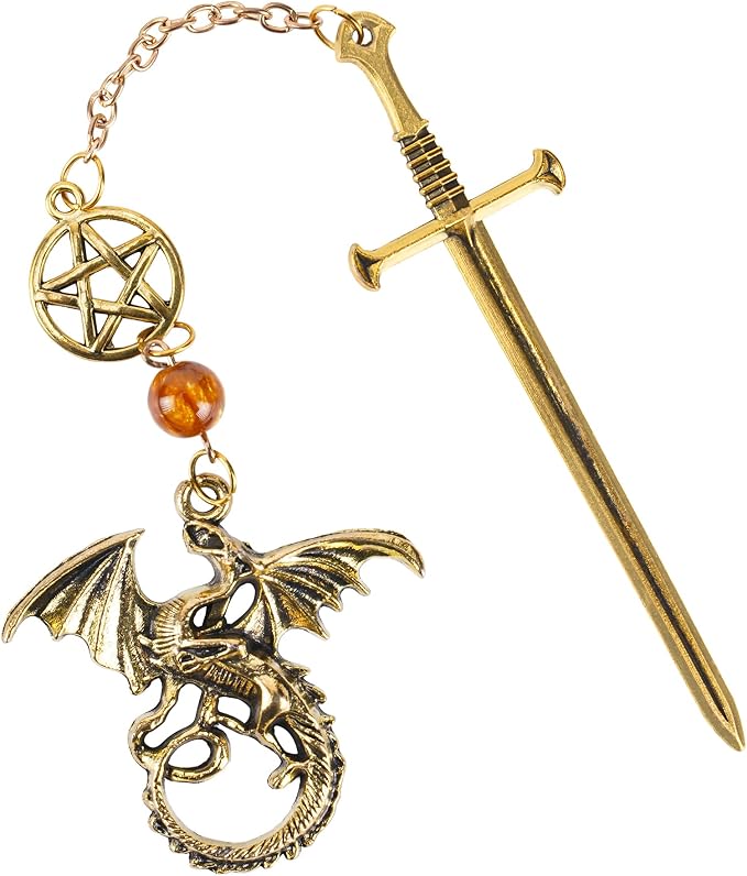 Fantasy Dragon Sward Bookmark - Cool Fourth Wing Page Marker Novel Fans Book Lovers Aesthetic Vintage Tassel Metal Pendant Antique Gold Bookmarks Inspirational Gift Reading Reader Men Boys