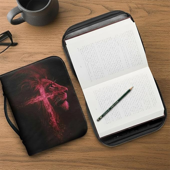 Bible Case with Handle and Zipper, Premium PU Leather Waterproof Bible Cover 11.2 x 8 x 2.2 Inches, Book Case for Standard Size Bibles with Pen Storage, Bible Accessories Gifts (Red Lion)