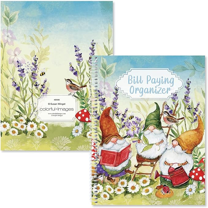 Current Sweet Gnome Bill Paying Organizer Book - 9" x 12” Personal Account Book, Spiral Bound, 14 Storage Pockets, 32 Label Stickers, Monthly Finance & Payment Management Tracker for Home & Office