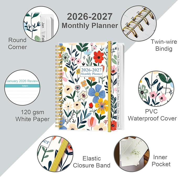 2026-2027 Monthly Planner - January 2026 - June 2027, Two Pages Per Month, 18 Monthly Calendar/Planner with Tabs, Inner Pocket, 6.4" x 8.5", Flower-B