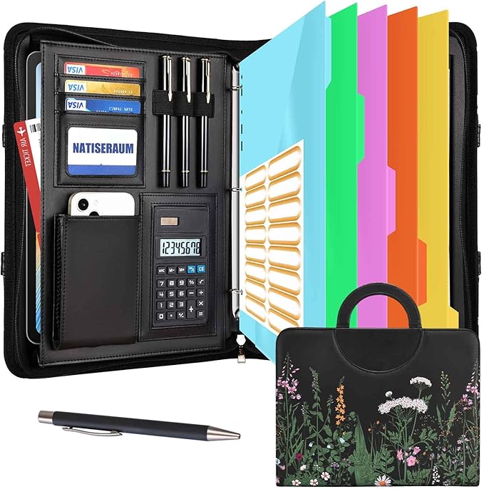 Portfolio Binder 3 Ring Includes Pen and 5 Dividers with 10 Pockets, Padfolio Organizer with Magnetic Handle for Men and Women, Includes A4 Notepad for Business, School, Work