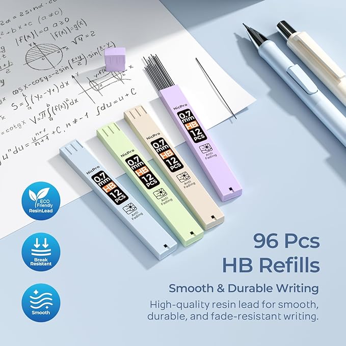 Nicpro 4 PCS Pastel Mechanical Pencil 0.7mm, Cute Fast Click Mechanical Pencils Set with 8 Tubes HB Lead Refills, Erasers, Eraser Refills for School, Student Writing, Drawing, Sketching - with Case