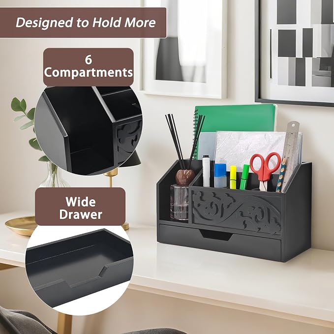 Black Wooden Mail Organizer with Drawer, Three Tiered Desk Accessories for Office Organization and Storage, Stylish Countertop Document Storage, Home/Office/Classroom Supplies (Black01)