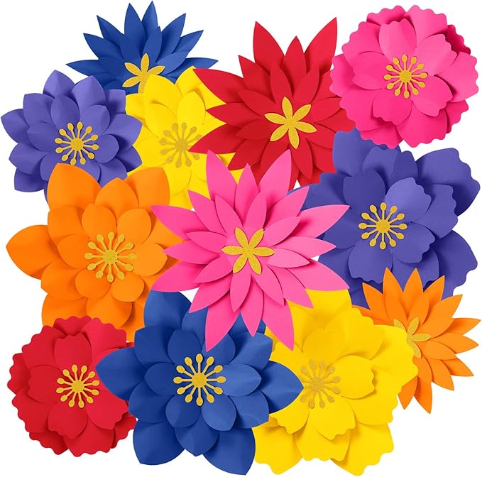 MotiMind 12 Pcs Paper Flowers Decorations for Wall DIY Paper Flowers Bulletin Board 3D Handcrafted Backdrop Decoration for Classroom Back to School Party(Classic Color)