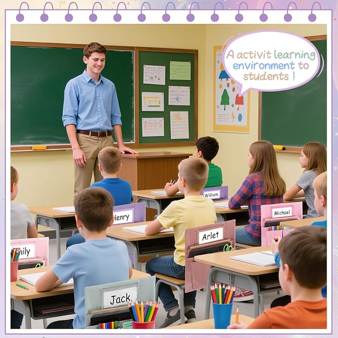 gisgfim 24 Pcs Small Chair Pockets for Classroom 13 x 14 Inch Bag with Name Tag Multi Pockets Chairsback Pouch Organizer for Student Kindergarten Elementary Daycare (Pastel Pink)