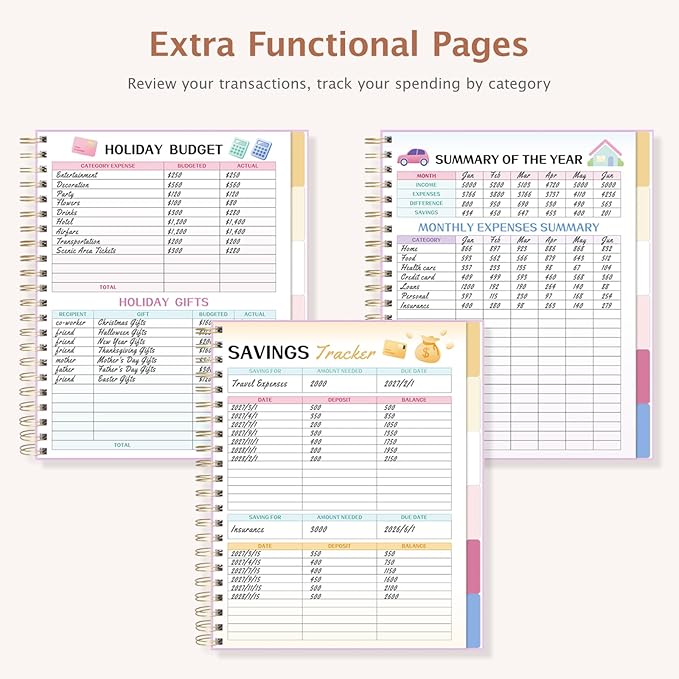 Ospelelf Budget Planner Undated, Money Expense Tracker with Pocket & Stickers, Thick Cardboard Cover, Large Pages for Spacious Writing, Original Fun Colorful Design, 12 Month Financial Notebook Beige