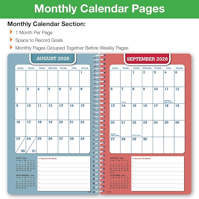 Global Datebooks 2026-2027 Middle & High School Student Planner 5.5" x 8.5" - Dated Weekly & Monthly Academic Planner with Ruler/Bookmark & Stickers, Ideal for Homework, Block Style, Rainbow Linen